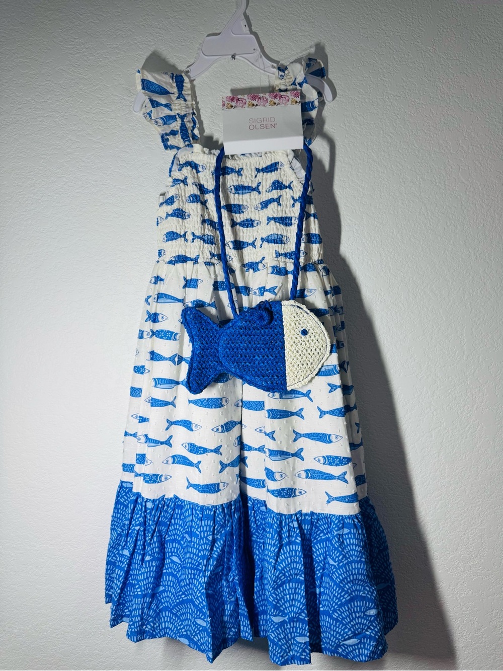 Sigrid Olsen White and Blue Fish Print Sundress with Fish Crossbody Size 7 NWT